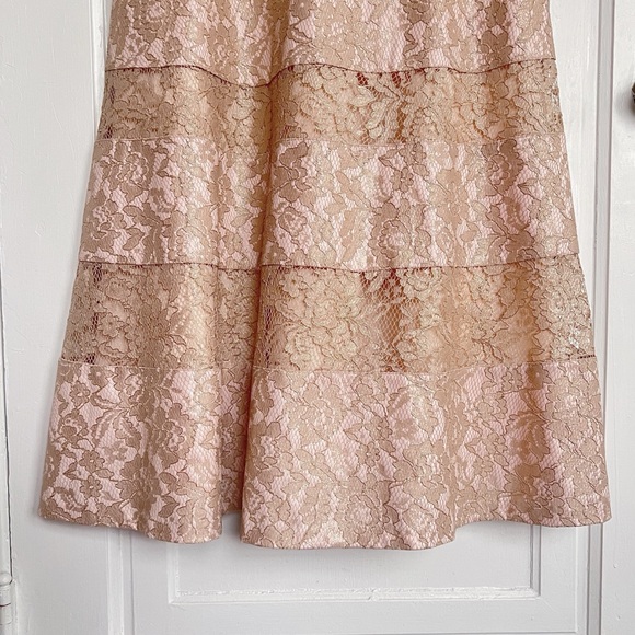 Kay Unger • Cap Sleeve Illusion Lace Dress tea length blush nude pink gold - Picture 5 of 9